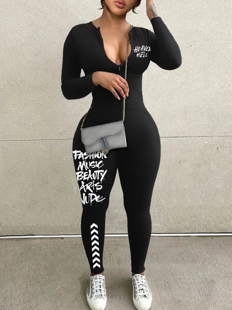 Spring Summer V-neck Long Sleeve Zipper Skinny Sportswear Jumpsuit