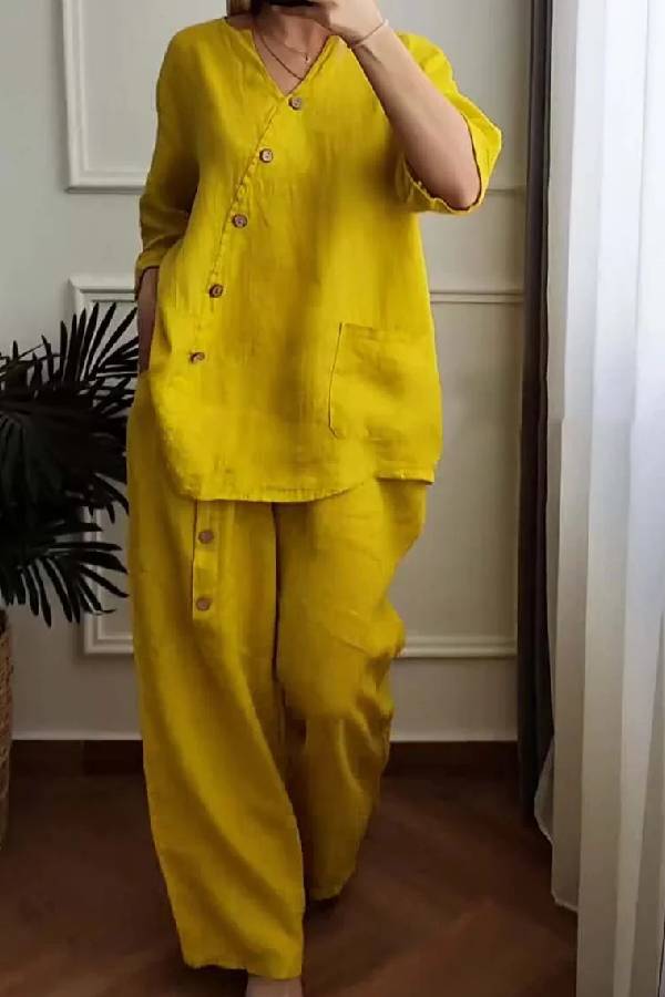Color Cotton and Linen Cropped Top \u0026 Wide Leg Pants Two-piece Set