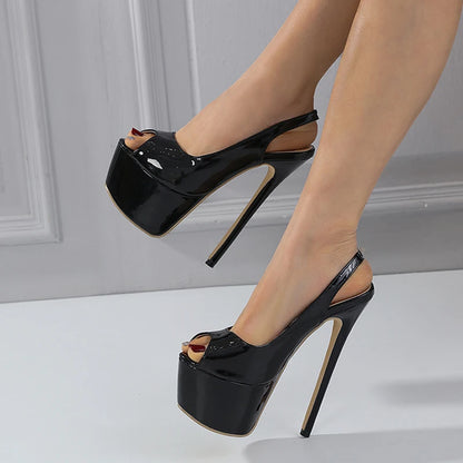 Liyke Black High Heels – 16cm Shoes, Size 35-42, Patent Leather Peep Toe Platform Pumps