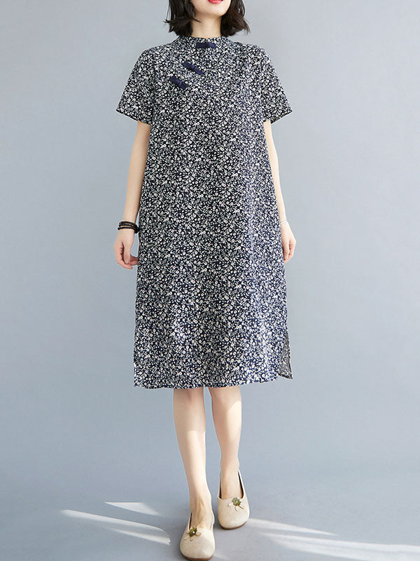 Artistic Retro Printed Stand Collar Short Sleeves Cheongsam Midi Dress