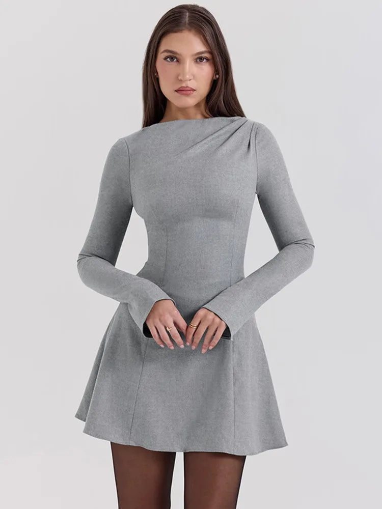 Long Sleeve High Waist Mini Dress for Autumn Winter New O Neck Bodycon Club Party Dress