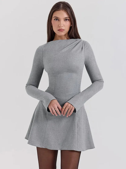 Long Sleeve High Waist Mini Dress for Autumn Winter New O Neck Bodycon Club Party Dress