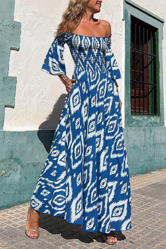 Close to the Vacation Print Smocked Off Shoulder Pocketed Maxi Dress