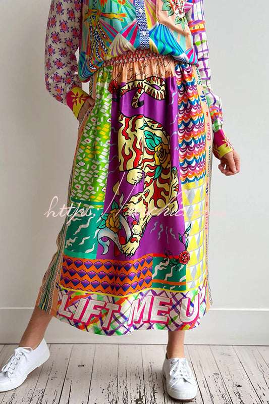 Satin Colorful Unique Print Elastic Waist Pocket Vacation Midi Skirt