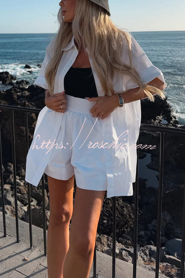 Summer Loose Short-sleeved Shirt and Elastic High Waist Shorts Set