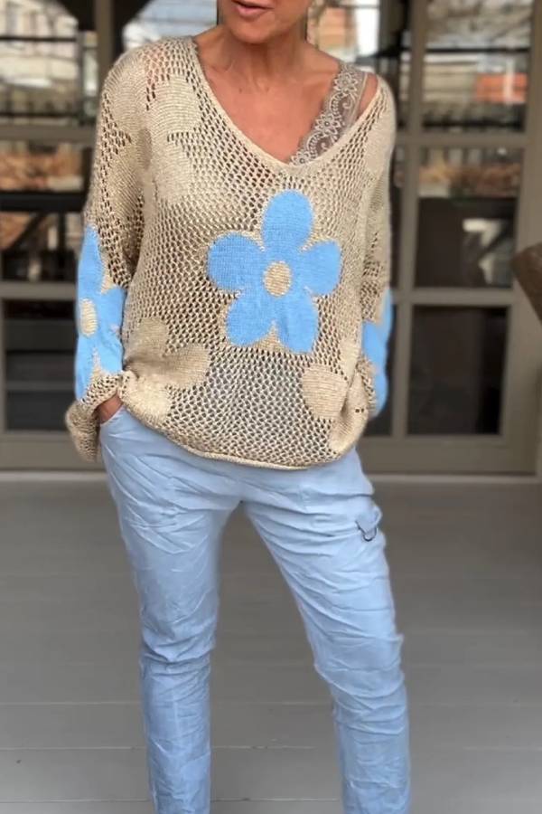Knitted Hollow V-neck Shirt Mesh Sweater