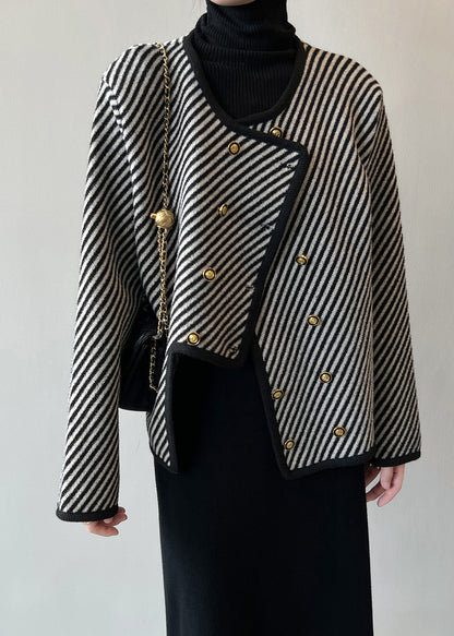 Italian Asymmetrical Striped Double Breast Cotton Coats Fall Af1054