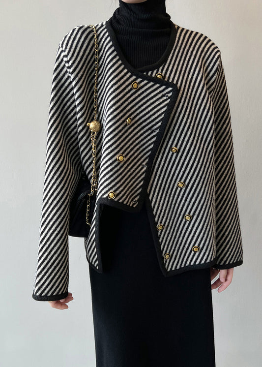 Italian Asymmetrical Striped Double Breast Cotton Coats Fall Af1054