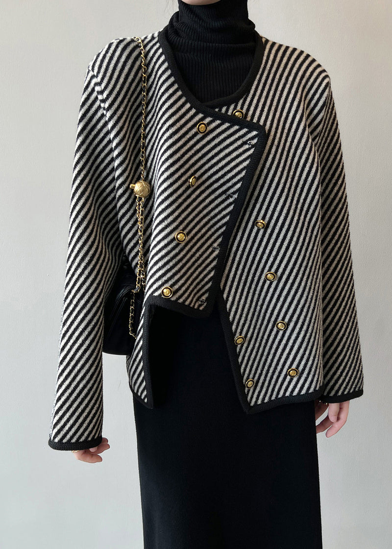 Italian Asymmetrical Striped Double Breast Cotton Coats Fall Af1054