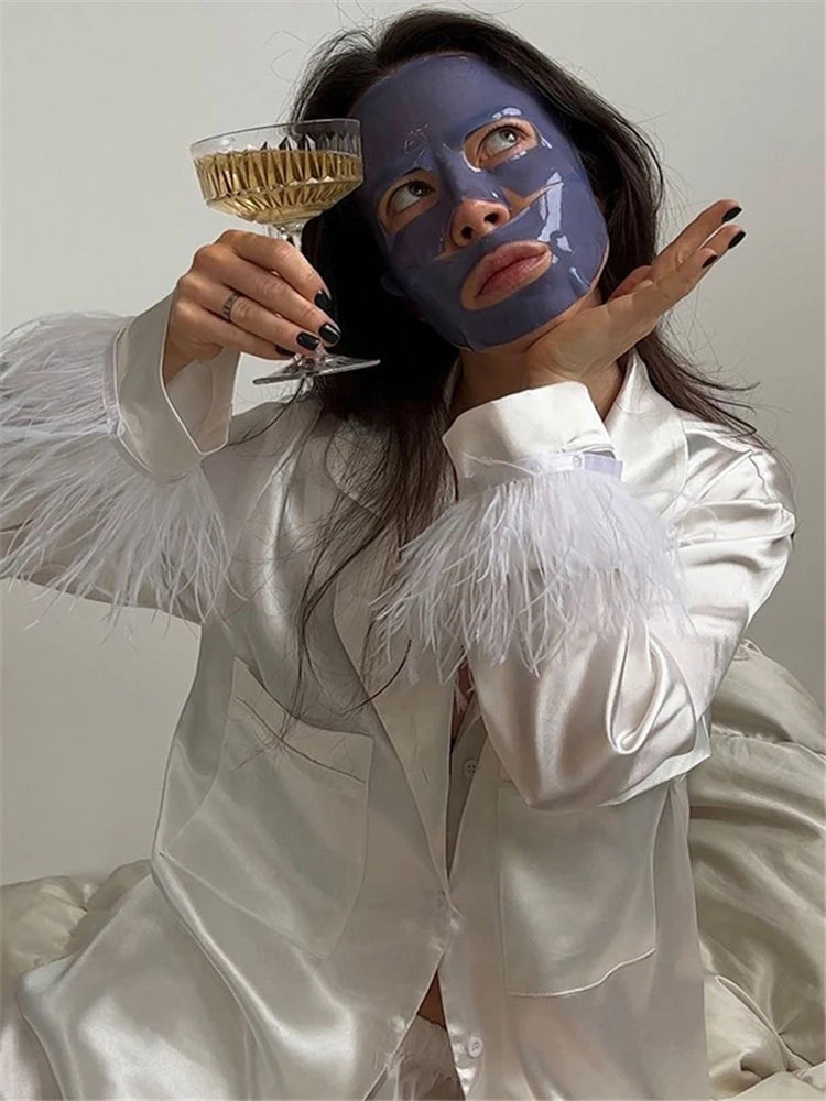 Feather Full Sleeve Pajama Sets Suits With Shorts Pocket Turn Down Collar Nightwear Single Breasted Outwears