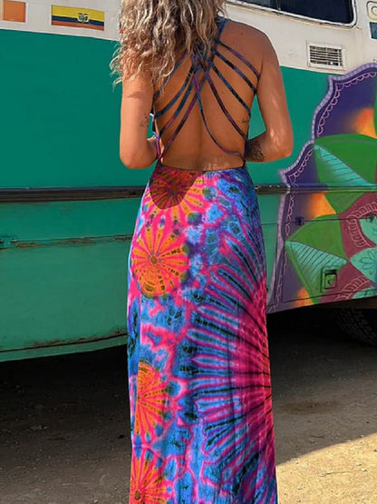 Tie-dye Print Back Lace-up Stretch Maxi Dress