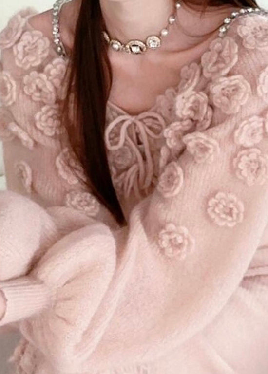 Pink Lace Up Knit Sweaters Fall Wo035