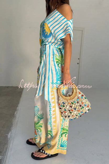 See You in Rio Tropical Fruits Print High Rise Elastic Waist Wide Leg Pants