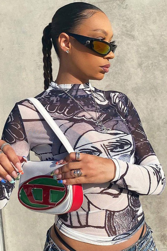 Sheer Mesh Print Round Neck Long Sleeve Blouse