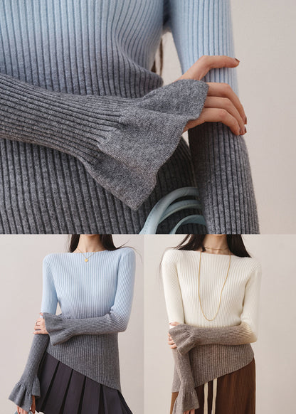 Blue Gradient Knit Sweaters Slash Neck Asymmetrical Fall We005