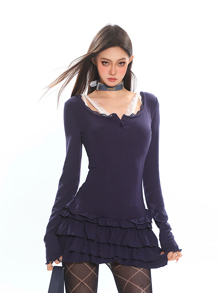 Lace Trim Ruffle Mini Dress