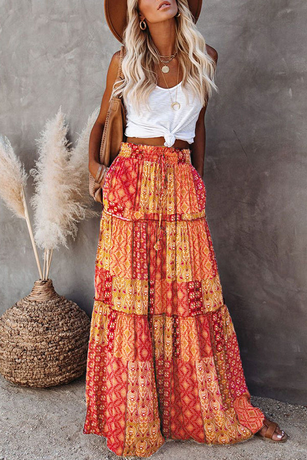 Print Stretch Elastic Waist Pocket High Waist Skirt