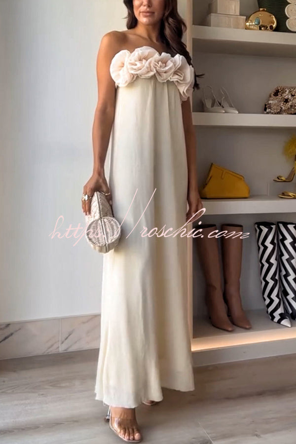 Blooming Flower Applique Elastic Off Shoulder Strapless Maxi Dress