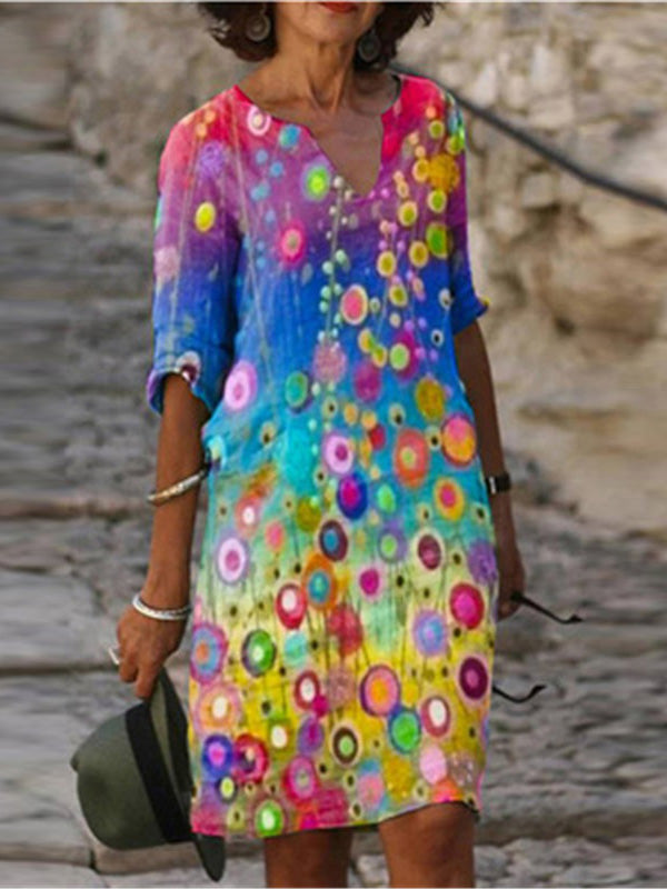 Original Printing V-neck Short Sleeve Mini Dress