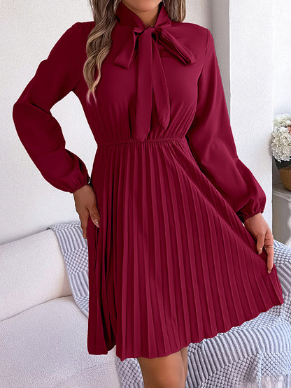 Long Sleeves Loose Pleated Color Tied Mock Neck Mini Dresses