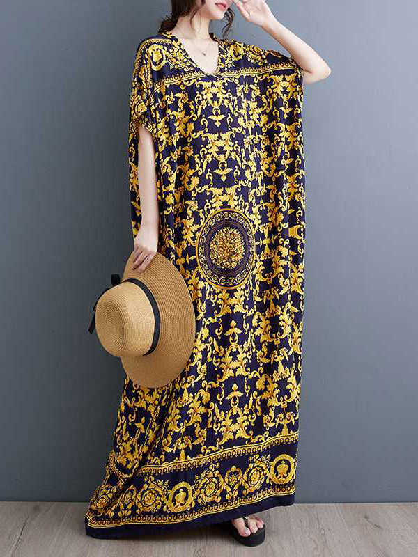 A-line Batwing Sleeves Printed V-neck Maxi Dresses