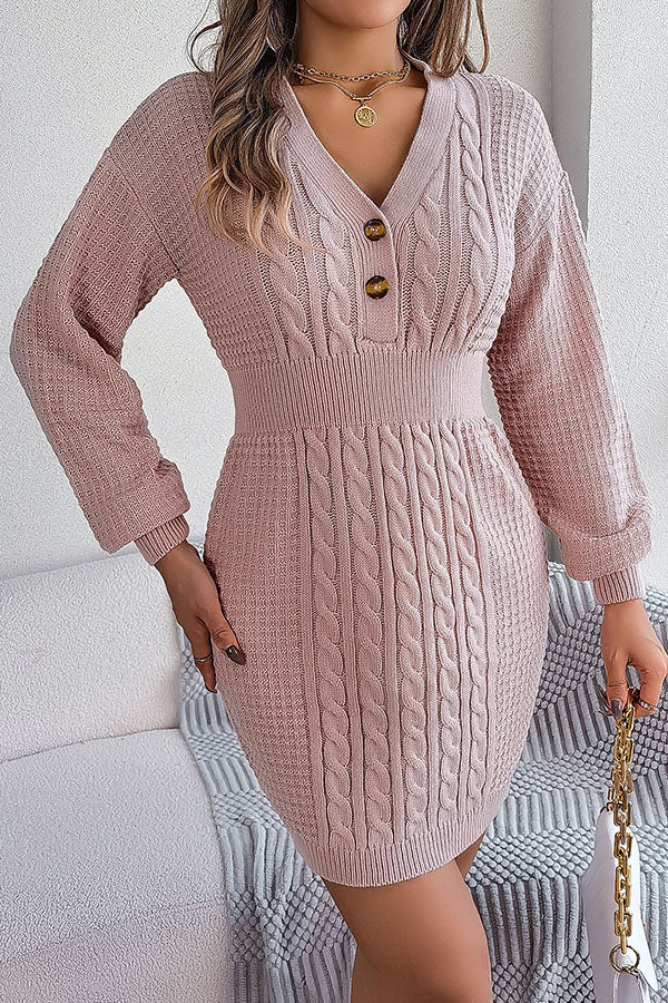 Buttoned V-neck Twist Lantern Sleeves Hip-hugging Sweater Dress