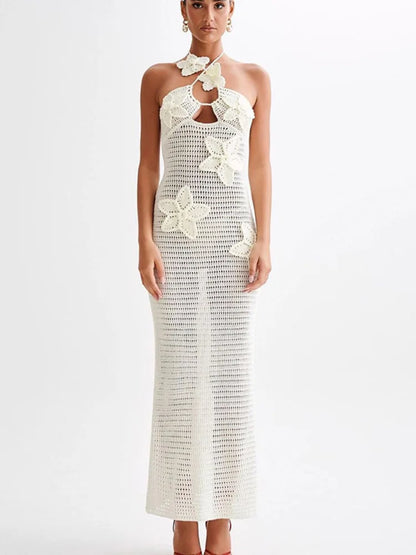 See Through Crochet Knit Maxi Dress for Halter Sleeveless Backless Party Long Dress Beachwear New