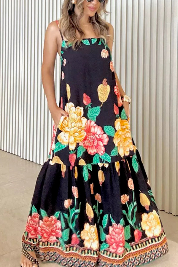Print Halter Back Loose Pocket Full Hem Maxi Dress