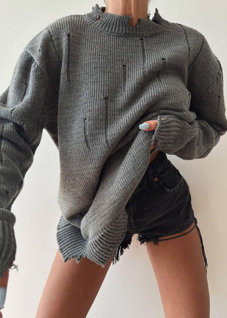 Distressed Hand-frayed Round Neck Sweater