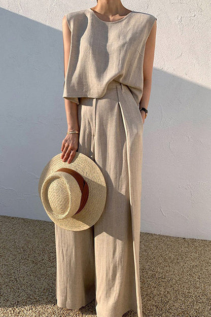 Linen Blend Round Neck Sleeveless Top and Loose Wide-leg Pants Set