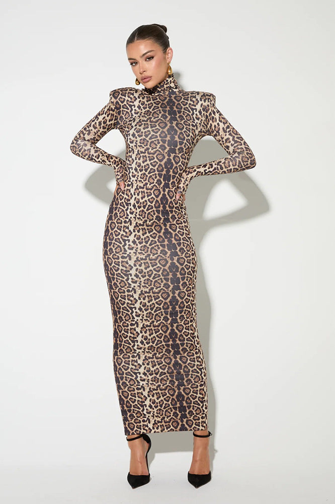 Leopard Mock Neck Bodycon Maxi Dress