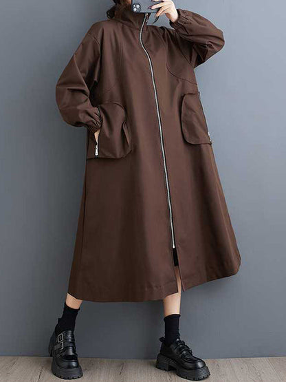 Retro Khaki High Neck Pockets Zip-up Long Sleeve Trench Coat Tw005