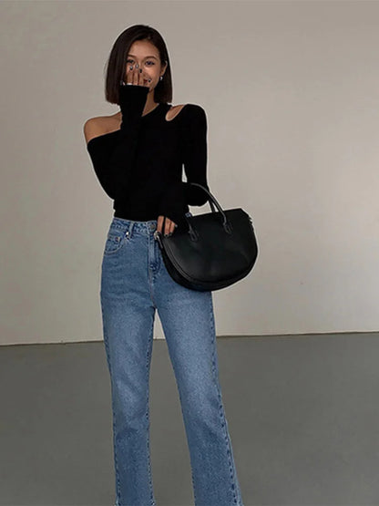 Skew Collar Off-shoulder Long-sleeved T-shirts Spring New Slim Fit Crop Top Hollow Out Tees Shirts