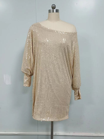 A-line Loose Asymmetric Sequined Color One-shoulder Mini Dresses