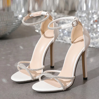 Liyke Crystal Rhinestone Narrow Band Sandals – Street Open Toe Thin High Heels for ’ Party Wedding Shoes Bride