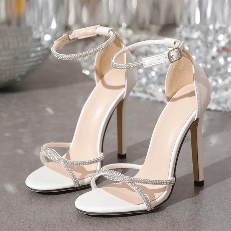 Liyke Crystal Rhinestone Narrow Band Sandals – Street Open Toe Thin High Heels for ’ Party Wedding Shoes Bride