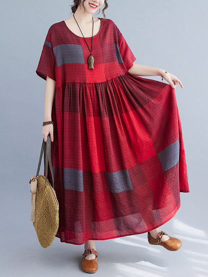 Artistic Retro Loose Color-block Pleated Round-neck Half Sleeves Midi Dress