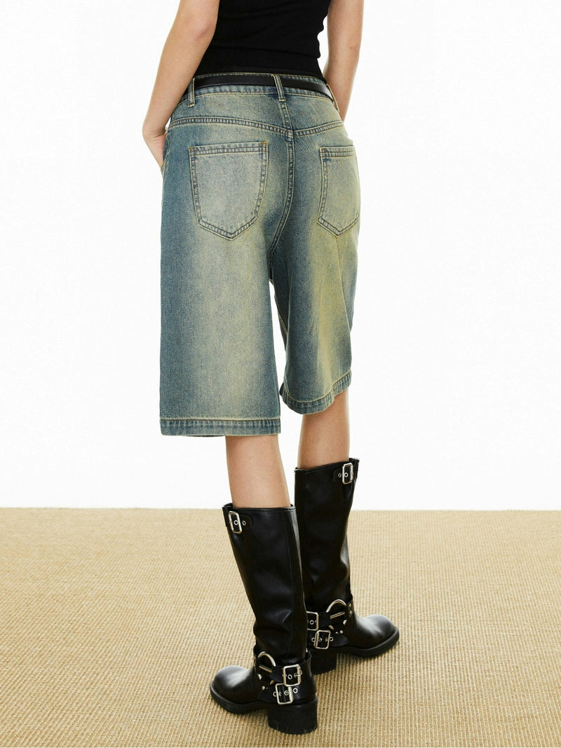 Contrast Stitching Denim Wide Leg Shorts