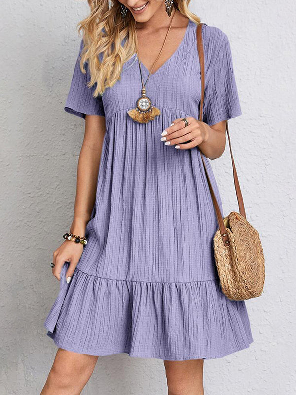 A-line Loose Pleated Color Split-joint V-neck Mini Dresses