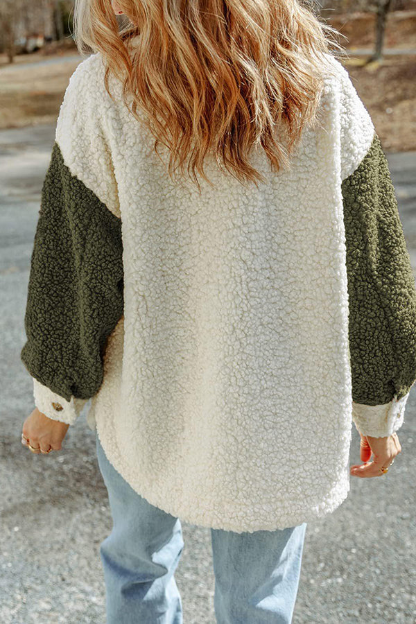 Autumn and Winter Long-sleeved Double-pocket Color-block Loose Fur Coat