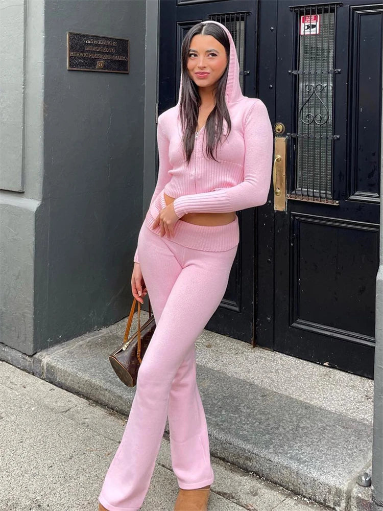Knit Hoodie and Pants Sets Outfits Low Waist Knitted Cropped Top Sweat Leggings Two Piece Set Tracksuit New