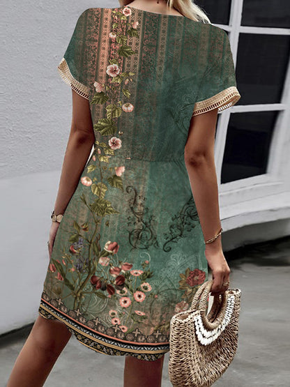A-line Loose Elasticity Flower Print Hollow Split-joint Tasseled Tied Waist V-neck Mini Dresses