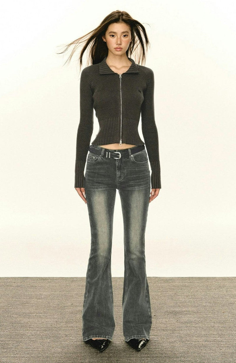 Slim Cropped Ribbed Zip-up Sweater