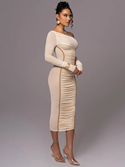 Diagonal Collar Long Sleeve Midi Dress for Two Layer Mesh Backless Ruched Bodycon Club Party Long Dress