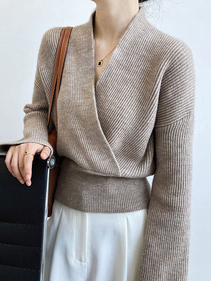 French Grey Cross V-neck Long Sleeve Sweater Qx012