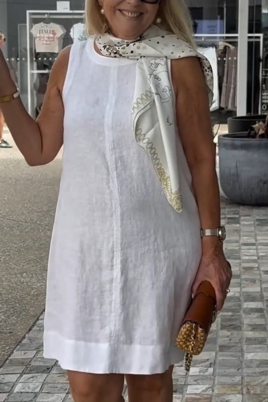 Linen Blend Color Crew Neck Sleeveless Mini Dress