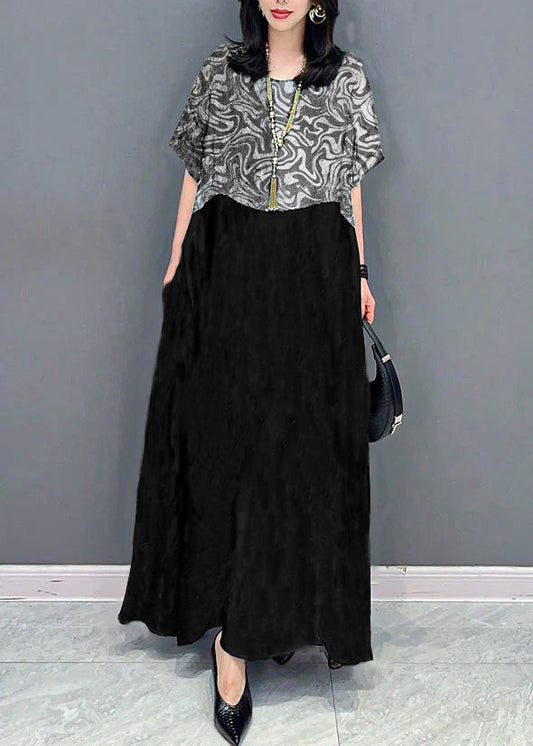 Black Texture O Neck Pockets Print Patchwork Silk Long Dresses Summer Tt1032