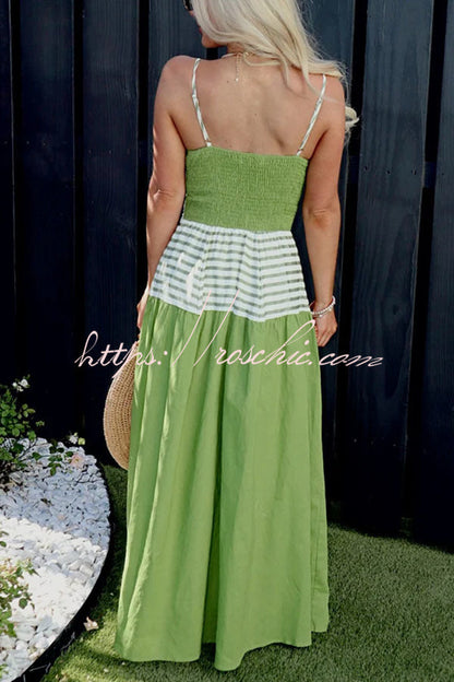 Dove Linen Blend Striped Contrast Back Smocked Slip Maxi Dress