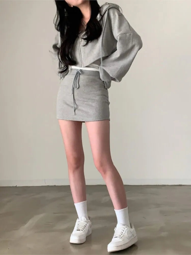 Korean 2 Piece Set Hooded Zip-up Long Sleeve Cropped Coat + Drawstring Mini Skirt Autumn Spring Outfits