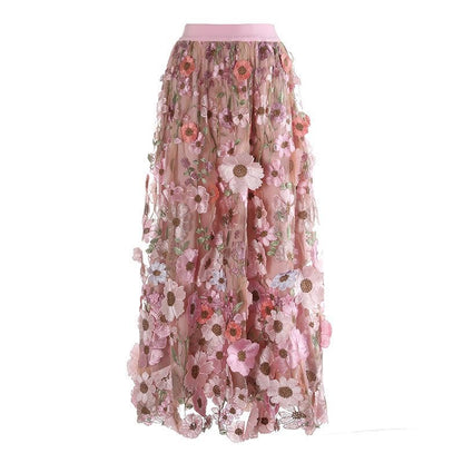 French Elastic Waist Yellow Embroidery Patch Tulle Skirt